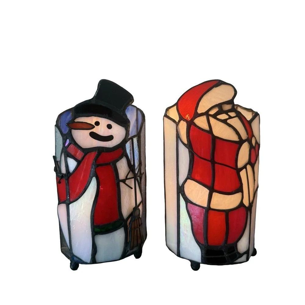 Stained Glass Santa & frosty snowman Lamp Night‎ Light Christmas Decoration lot